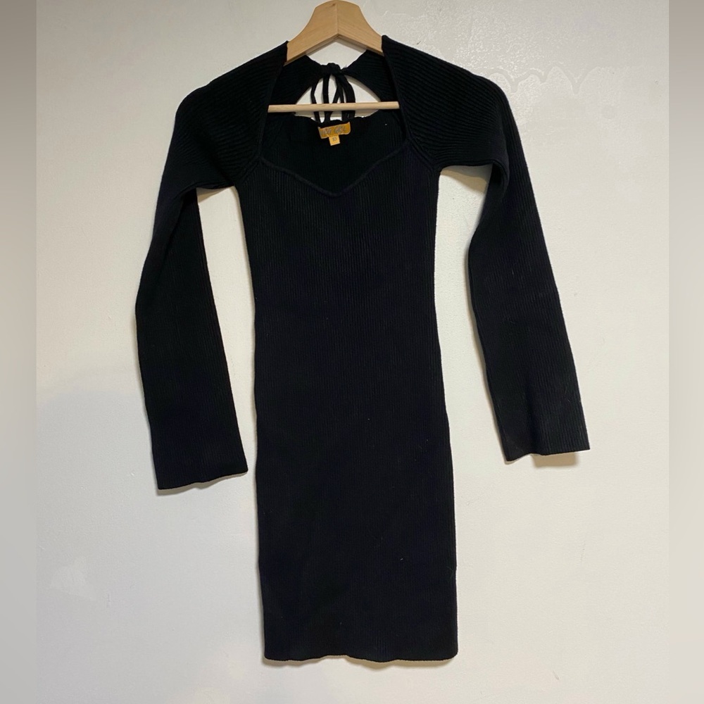 VRG GRL Black Ribbed Knit Long Sleeve Mini Dress – Size 10 - Picture 2 of 11